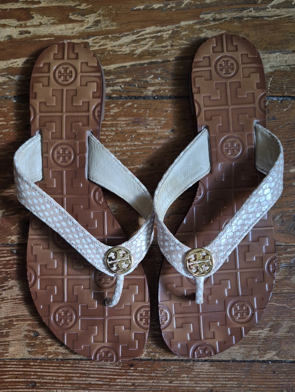 Tory Burch Cream Snake-Embossed Leather Thong Sandals with Gold Logo